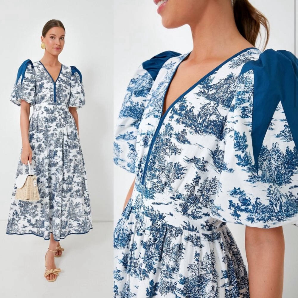 Hyacinth House NEW Blue Toile Reynolds V Neck Linen Blend Midi Dress Size M